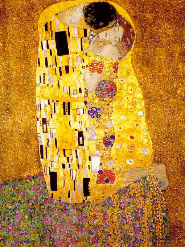 Gustav Klimt’s The Kiss, gold leaf painting,